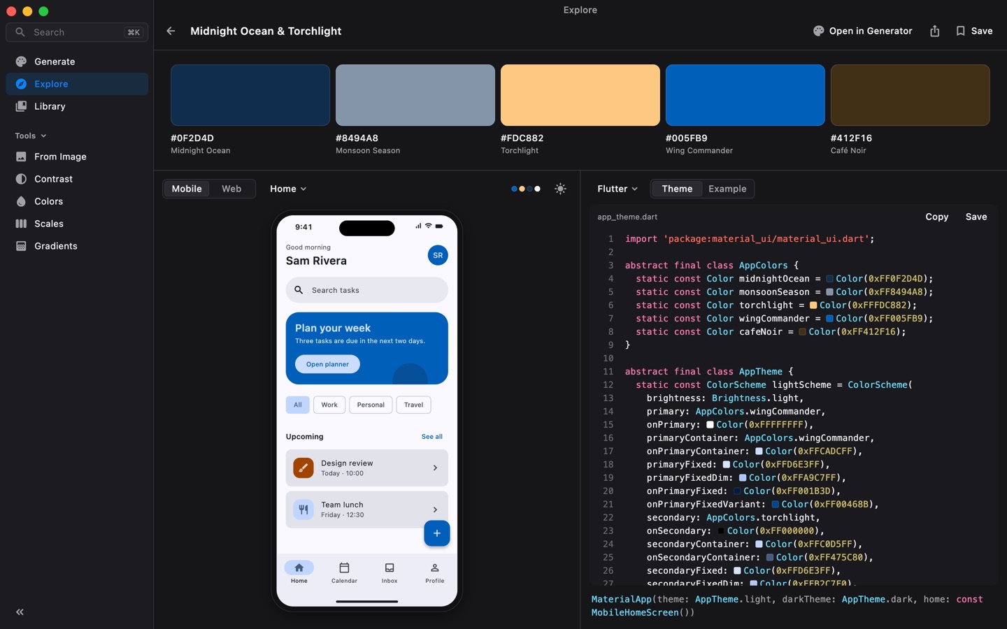 A saved palette called Midnight Ocean & Torchlight, in dark mode, with a phone preview and the Flutter theme code for its colors.