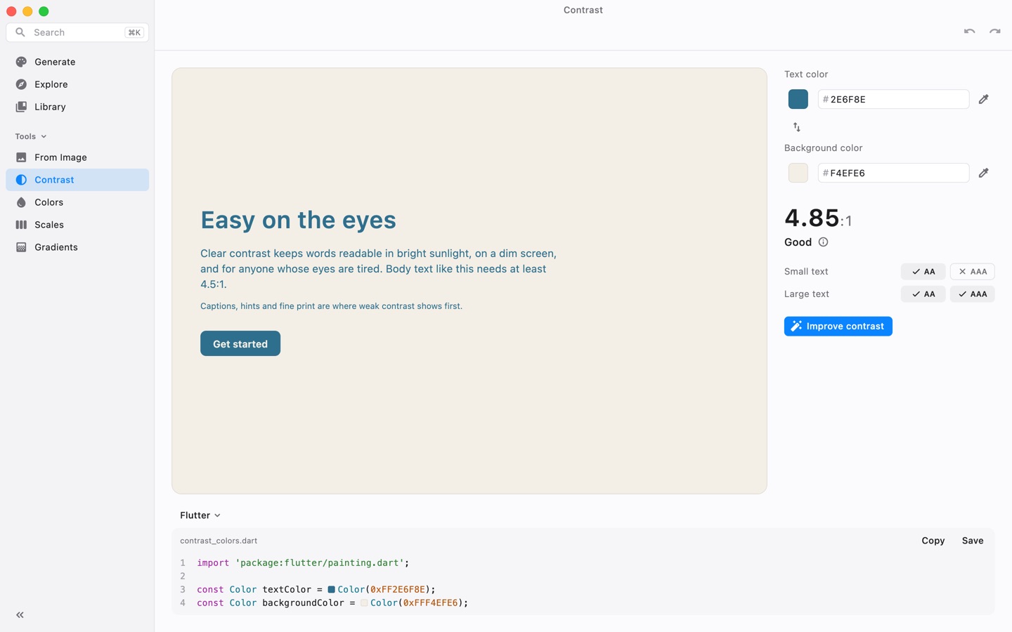 Contrast in light mode. Blue text on a cream background scores 4.85 to 1 and passes AA for small text, next to an Improve contrast button and the Flutter code for both colors.
