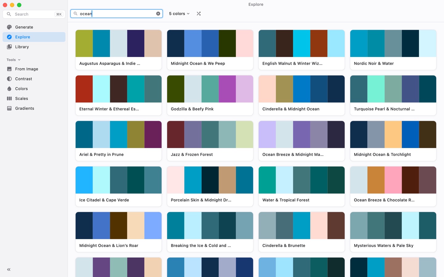 Explore in light mode, showing a grid of five-color palettes found by searching for ocean.