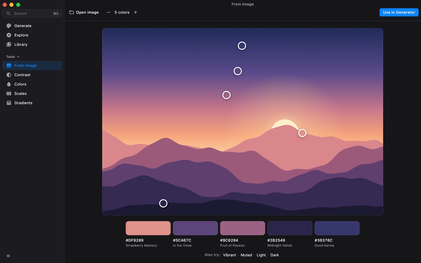 From Image in dark mode. Five pickers sit on a picture of a sunset over hills, and the colors they pick are listed below with their names.