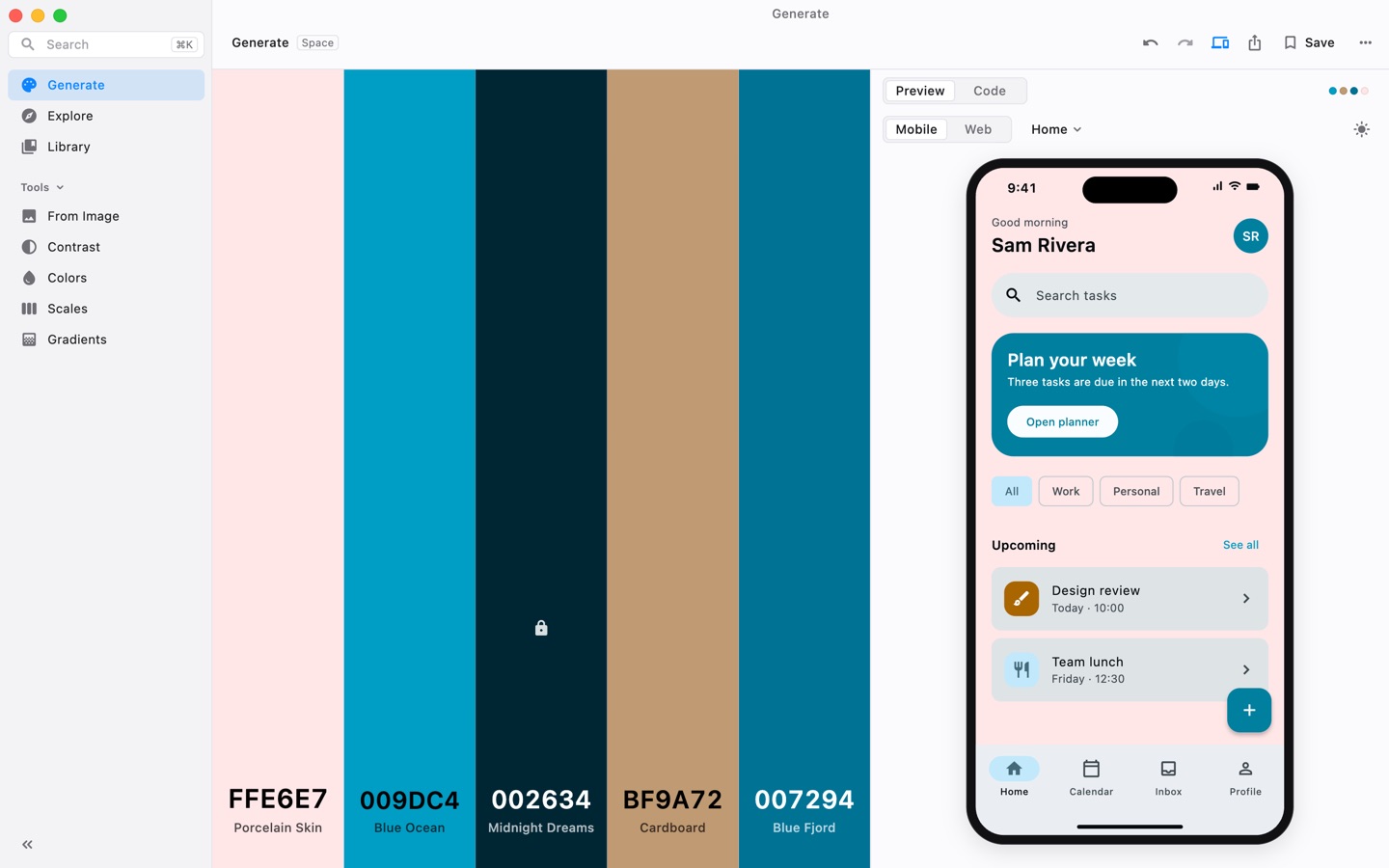 Shade Shaker in light mode. Generate shows five colors side by side: Porcelain Skin, Blue Ocean, Midnight Dreams (locked), Cardboard and Blue Fjord. Beside them, a phone preview shows a task app drawn in those colors.