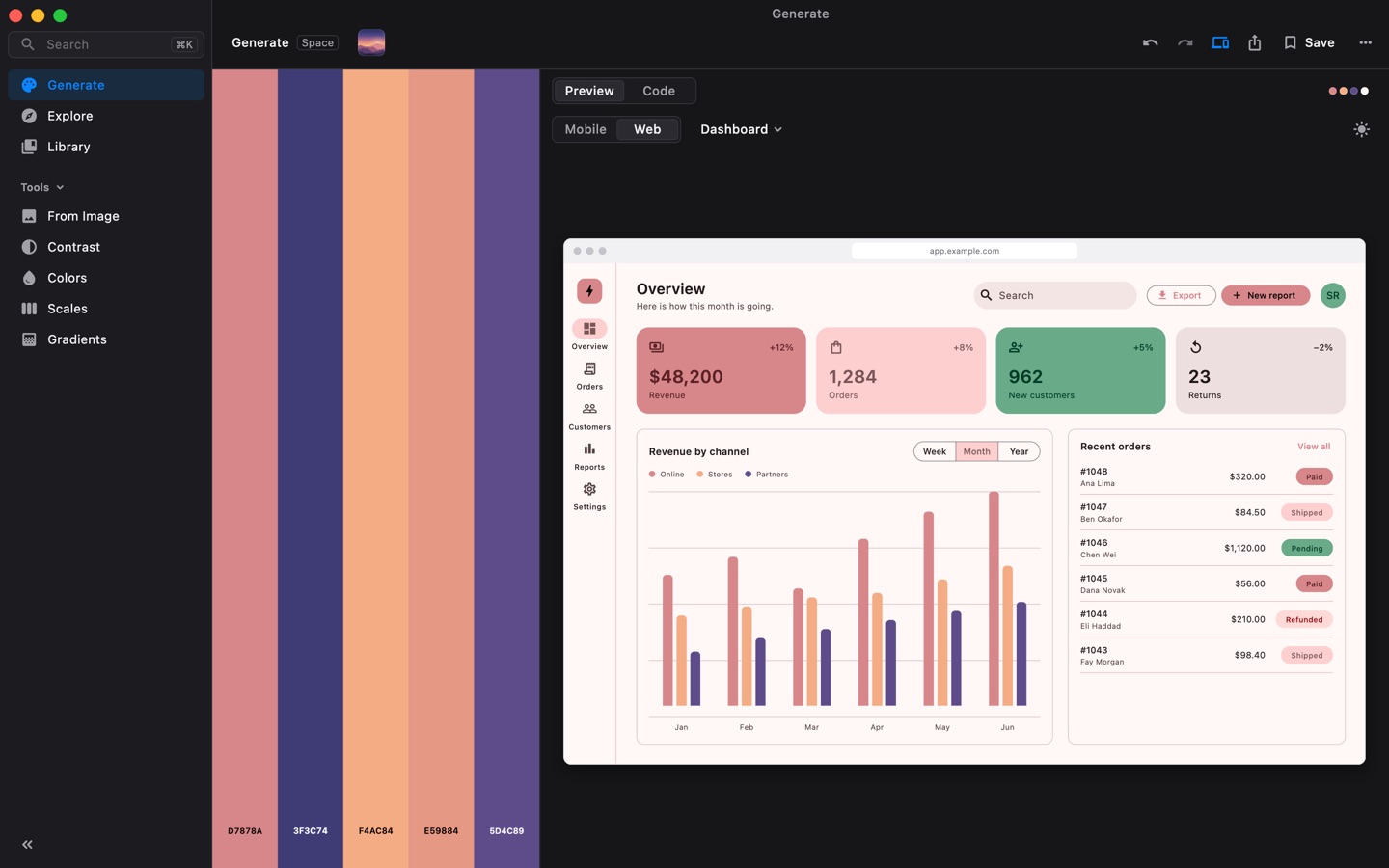 Shade Shaker in dark mode with a pink, peach and purple palette. The web preview shows a sales dashboard with cards, a bar chart and recent orders in those colors.